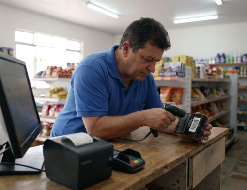 Lojista usando leitor de código de barras de mão para escanear a etiqueta de um produto no caixa, ao lado do monitor do PDV e da impressora térmica