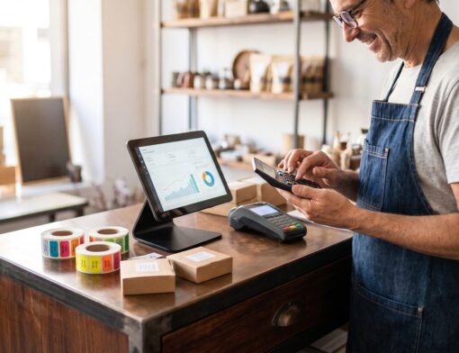 Dono de loja calculando a margem de lucro dos produtos com calculadora ao lado do PDV