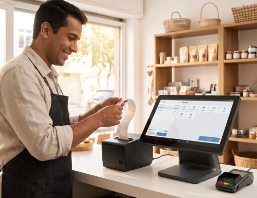 Dono de loja sorrindo enquanto confere o recibo impresso pela impressora térmica do PDV, ao lado de uma tela de checkout moderna no balcão