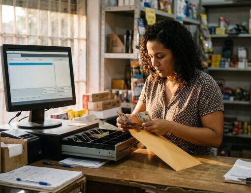 Comerciante contando dinheiro da gaveta de caixa ao lado do computador do PDV para fazer o fechamento de caixa da loja