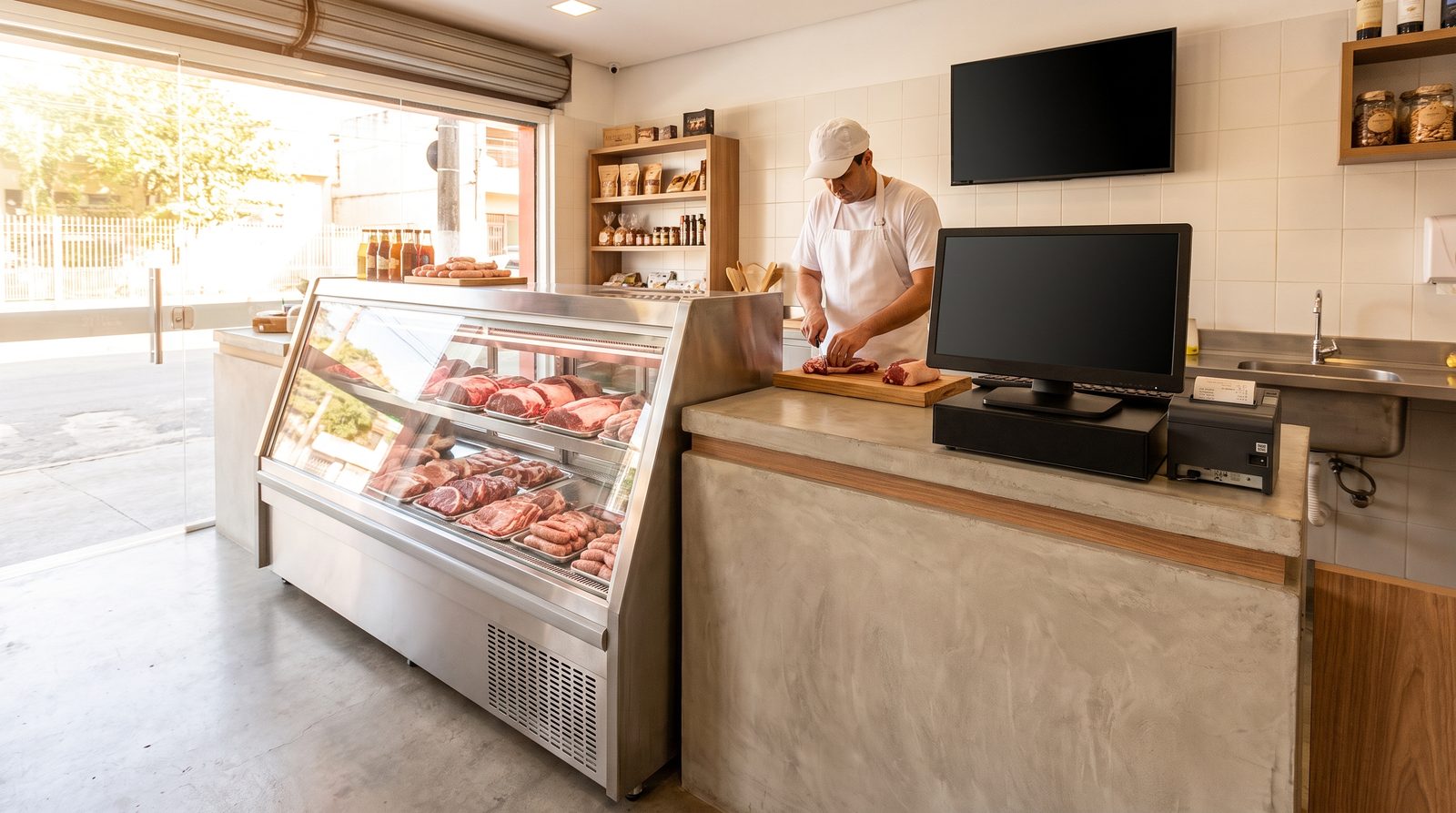 Balcão de açougue moderno com vitrine refrigerada de carnes e sistema de PDV no caixa