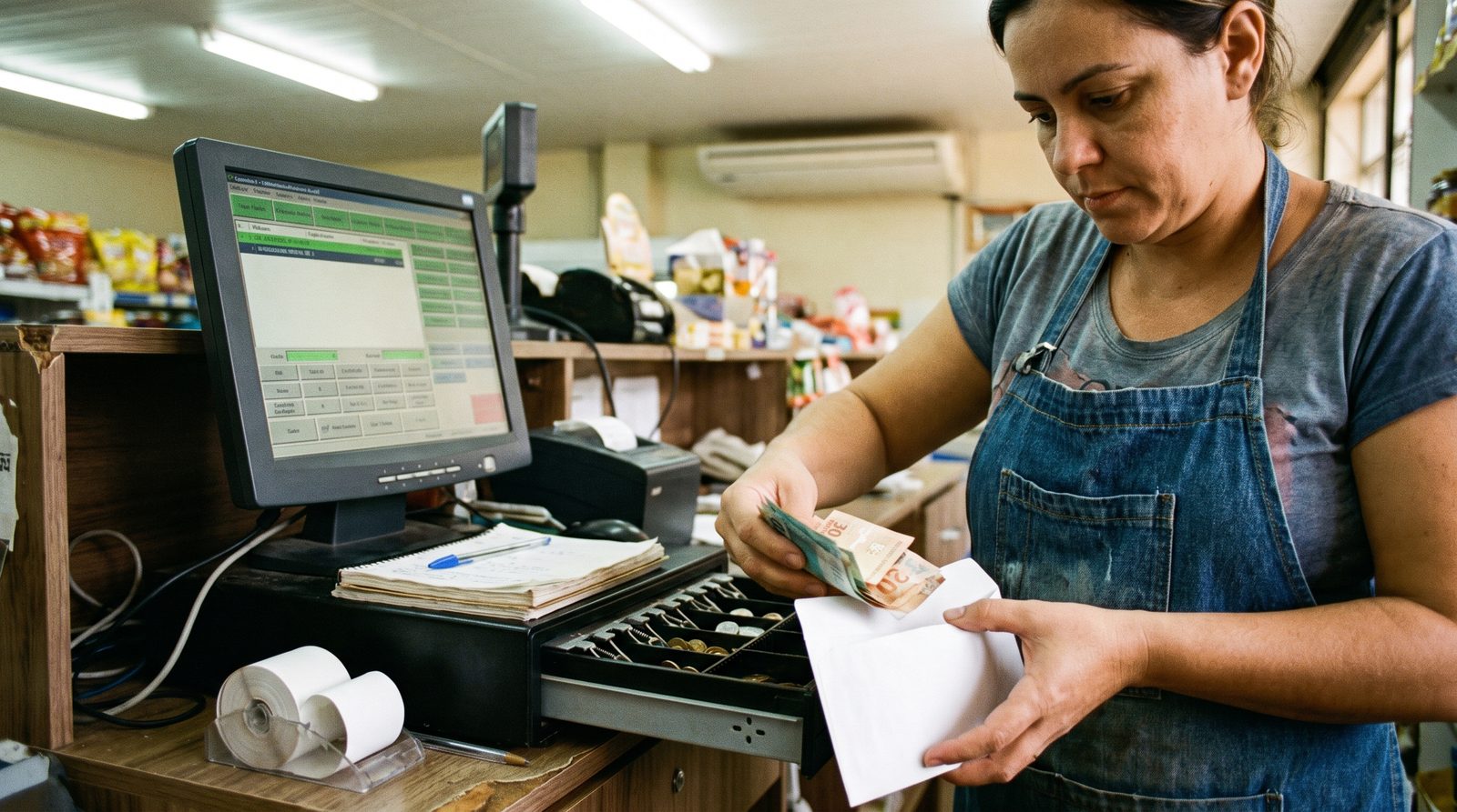 Funcionária retirando dinheiro da gaveta do caixa e guardando em um envelope ao lado do computador do PDV