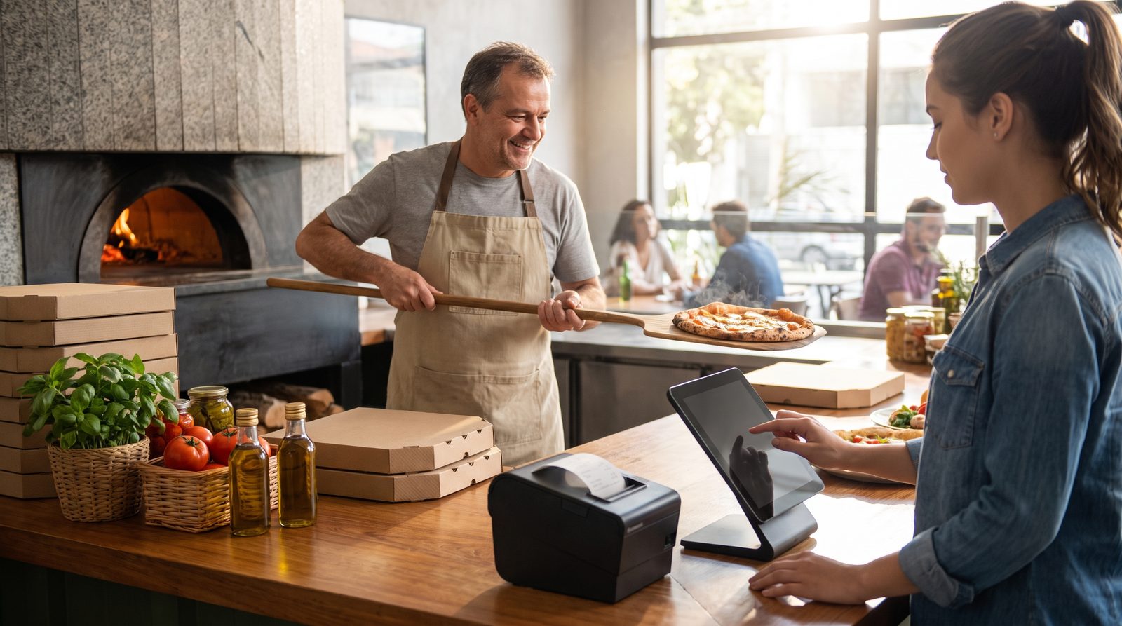 Pizzaiolo tirando uma pizza do forno a lenha enquanto a atendente registra o pedido em um tablet de PDV com impressora térmica no balcão de uma pizzaria