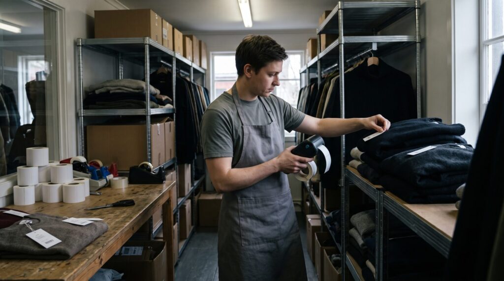 Funcionário usando uma impressora de etiquetas portátil para colar etiqueta com código de barras em uma peça de roupa no estoque da loja