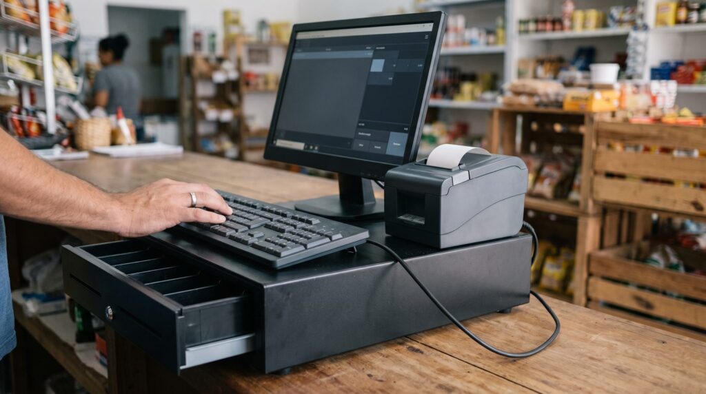 Gaveta de dinheiro automática abrindo ao lado do computador e da impressora do PDV, enquanto o operador digita no teclado