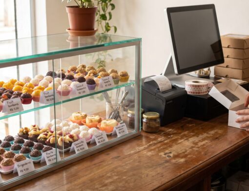 Vitrine com brigadeiros e docinhos ao lado de um sistema de PDV com impressora de cupom no balcão de uma doceria